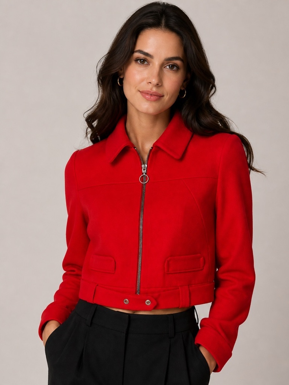 Zara Red Cropped Jacket Zip Front Belted Hem Statement Piece S